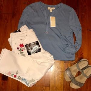 Michael Kors  Blue Long Sleeve roll tab Henley